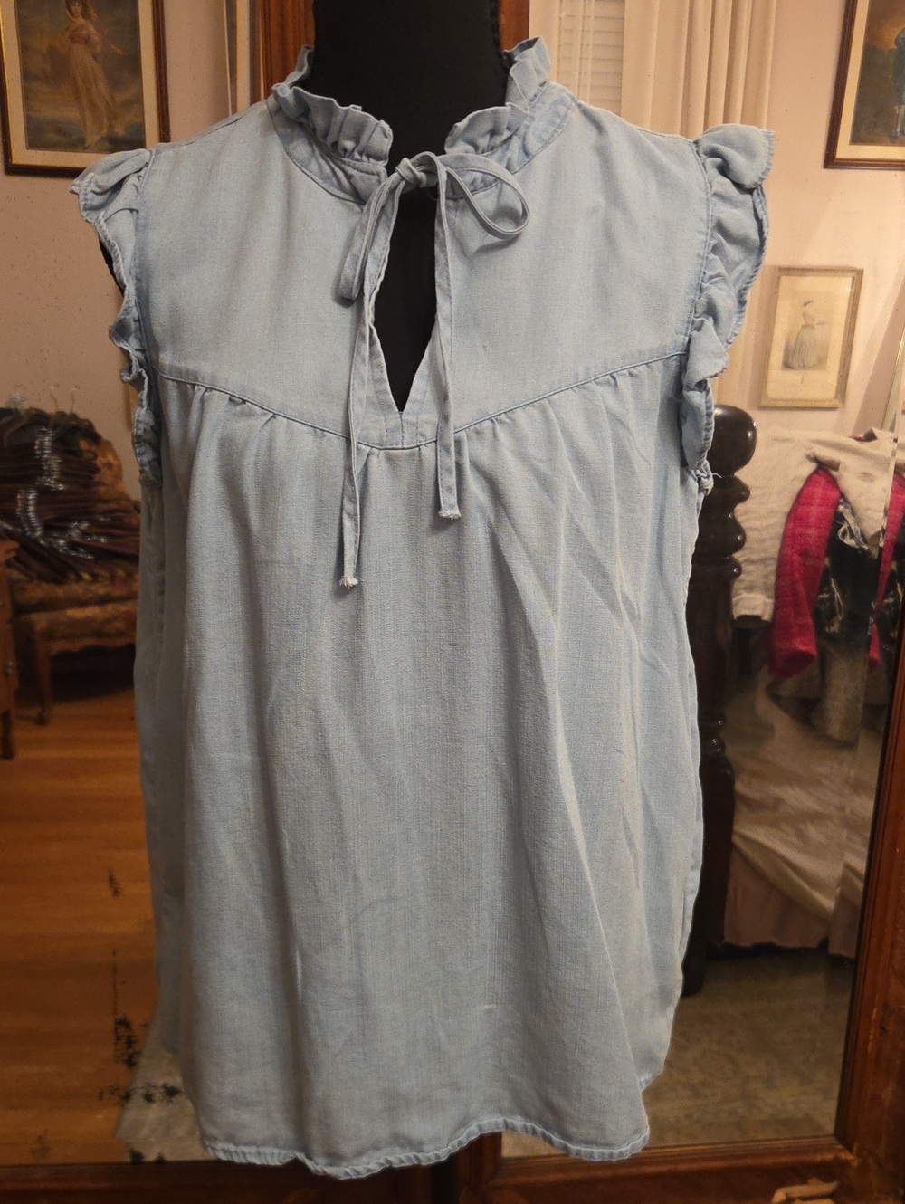 Workshop Republic Clothing Light Blue Ruffled Tie-Neck Sleeveless Blouse